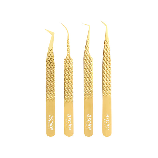 Professional Set Of 4 Diamond Grip with Fiber Tip Eyelash Extensions Tweezers Japanese Steel Lash Supply (Gold)