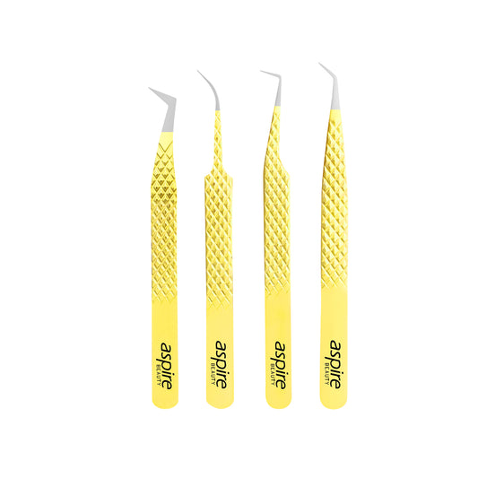 Professional Set Of 4 Diamond Grip with Fiber Tip Eyelash Extensions Tweezers Japanese Steel Lash Supply (Yellow)