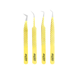 Professional Set Of 4 Diamond Grip with Fiber Tip Eyelash Extensions Tweezers Japanese Steel Lash Supply (Yellow)