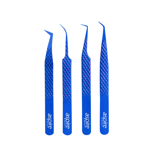 Professional Set Of 4 Diamond Grip with Fiber Tip Eyelash Extensions Tweezers Japanese Steel Lash Supply (Blue)