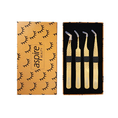 Professional Set Of 4 Diamond Grip with Fiber Tip Eyelash Extensions Tweezers Japanese Steel Lash Supply (Gold)