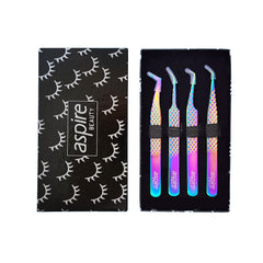 Professional Set Of 4 Diamond Grip with Fiber Tip Eyelash Extensions Tweezers Japanese Steel Lash Supply (Multi)