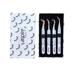 Professional Set Of 4 Diamond Grip with Fiber Tip Eyelash Extensions Tweezers Japanese Steel Lash Supply (Ed-set)