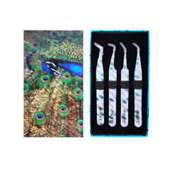 Professional Set Of 4 Diamond Grip with Fiber Tip Eyelash Extensions Tweezers Japanese Steel Lash Supply (Peacock)