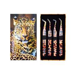 Professional Set Of 4 Diamond Grip with Fiber Tip Eyelash Extensions Tweezers Japanese Steel Lash Supply (Leopard)