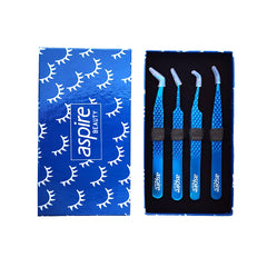 Professional Set Of 4 Diamond Grip with Fiber Tip Eyelash Extensions Tweezers Japanese Steel Lash Supply (Blue)