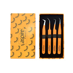 Professional Set Of 4 Diamond Grip with Fiber Tip Eyelash Extensions Tweezers Japanese Steel Lash Supply (Orange)