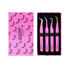 Professional Set Of 4 Diamond Grip with Fiber Tip Eyelash Extensions Tweezers Japanese Steel Lash Supply (Pink)