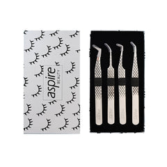 Professional Set Of 4 Diamond Grip with Fiber Tip Eyelash Extensions Tweezers Japanese Steel Lash Supply (Silver)
