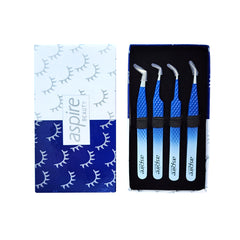 Professional Set Of 4 Diamond Grip with Fiber Tip Eyelash Extensions Tweezers Japanese Steel Lash Supply (BW-set)