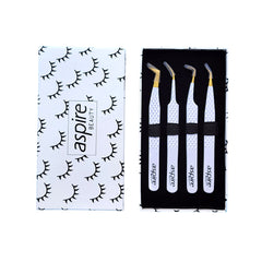 Professional Set Of 4 Diamond Grip with Fiber Tip Eyelash Extensions Tweezers Japanese Steel Lash Supply (White)