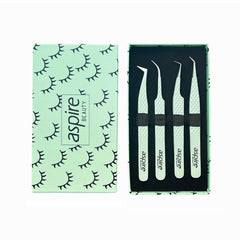 Professional Set Of 4 Diamond Grip with Fiber Tip Eyelash Extensions Tweezers Japanese Steel Lash Supply (Light Green)