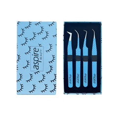 Professional Set Of 4 Diamond Grip with Fiber Tip Eyelash Extensions Tweezers Japanese Steel Lash Supply (Sky Blue)