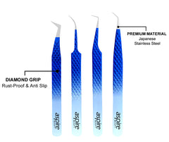 Professional Set Of 4 Diamond Grip with Fiber Tip Eyelash Extensions Tweezers Japanese Steel Lash Supply (BW-set)