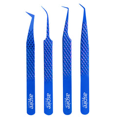 Professional Set Of 4 Diamond Grip with Fiber Tip Eyelash Extensions Tweezers Japanese Steel Lash Supply (Blue)