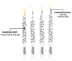 Professional Set Of 4 Diamond Grip with Fiber Tip Eyelash Extensions Tweezers Japanese Steel Lash Supply (Ed-set)