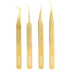 Professional Set Of 4 Diamond Grip with Fiber Tip Eyelash Extensions Tweezers Japanese Steel Lash Supply (Gold)