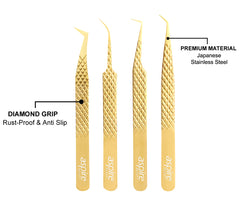 Professional Set Of 4 Diamond Grip with Fiber Tip Eyelash Extensions Tweezers Japanese Steel Lash Supply (Gold)