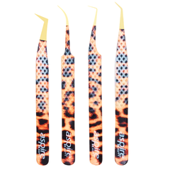Professional Set Of 4 Diamond Grip with Fiber Tip Eyelash Extensions Tweezers Japanese Steel Lash Supply (Leopard)