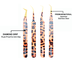 Professional Set Of 4 Diamond Grip with Fiber Tip Eyelash Extensions Tweezers Japanese Steel Lash Supply (Leopard)