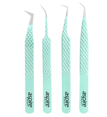 Professional Set Of 4 Diamond Grip with Fiber Tip Eyelash Extensions Tweezers Japanese Steel Lash Supply (Light Green)