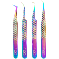 Professional Set Of 4 Diamond Grip with Fiber Tip Eyelash Extensions Tweezers Japanese Steel Lash Supply (Multi)