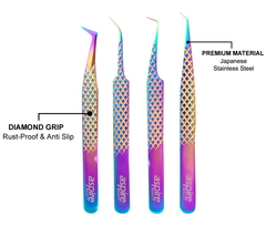 Professional Set Of 4 Diamond Grip with Fiber Tip Eyelash Extensions Tweezers Japanese Steel Lash Supply (Multi)