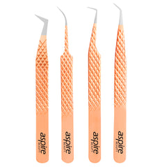 Professional Set Of 4 Diamond Grip with Fiber Tip Eyelash Extensions Tweezers Japanese Steel Lash Supply (Orange)
