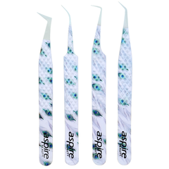 Professional Set Of 4 Diamond Grip with Fiber Tip Eyelash Extensions Tweezers Japanese Steel Lash Supply (Peacock)