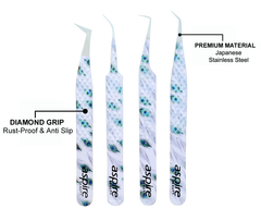 Professional Set Of 4 Diamond Grip with Fiber Tip Eyelash Extensions Tweezers Japanese Steel Lash Supply (Peacock)