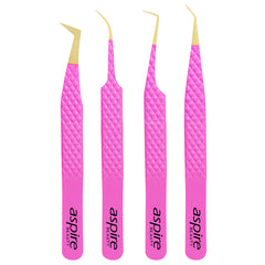 Professional Set Of 4 Diamond Grip with Fiber Tip Eyelash Extensions Tweezers Japanese Steel Lash Supply (Pink)