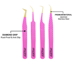 Professional Set Of 4 Diamond Grip with Fiber Tip Eyelash Extensions Tweezers Japanese Steel Lash Supply (Pink)