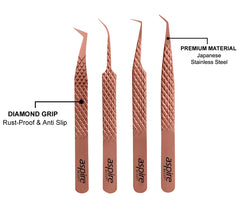 Professional Set Of 4 Diamond Grip with Fiber Tip Eyelash Extensions Tweezers Japanese Steel Lash Supply (Rose Gold)