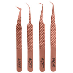 Professional Set Of 4 Diamond Grip with Fiber Tip Eyelash Extensions Tweezers Japanese Steel Lash Supply (Rose Gold)