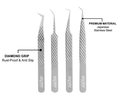 Professional Set Of 4 Diamond Grip with Fiber Tip Eyelash Extensions Tweezers Japanese Steel Lash Supply (Silver)