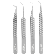 Professional Set Of 4 Diamond Grip with Fiber Tip Eyelash Extensions Tweezers Japanese Steel Lash Supply (Silver)