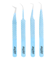Professional Set Of 4 Diamond Grip with Fiber Tip Eyelash Extensions Tweezers Japanese Steel Lash Supply (Sky Blue)