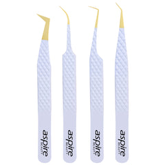 Professional Set Of 4 Diamond Grip with Fiber Tip Eyelash Extensions Tweezers Japanese Steel Lash Supply (White)