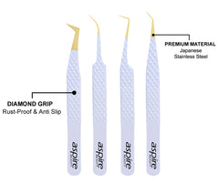 Professional Set Of 4 Diamond Grip with Fiber Tip Eyelash Extensions Tweezers Japanese Steel Lash Supply (White)