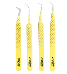 Professional Set Of 4 Diamond Grip with Fiber Tip Eyelash Extensions Tweezers Japanese Steel Lash Supply (Yellow)